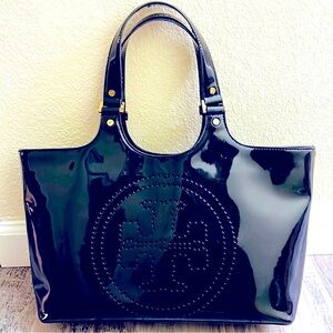Tory Burch Ella Black Patent Leather Strap Tote Bag with Gold Hardware